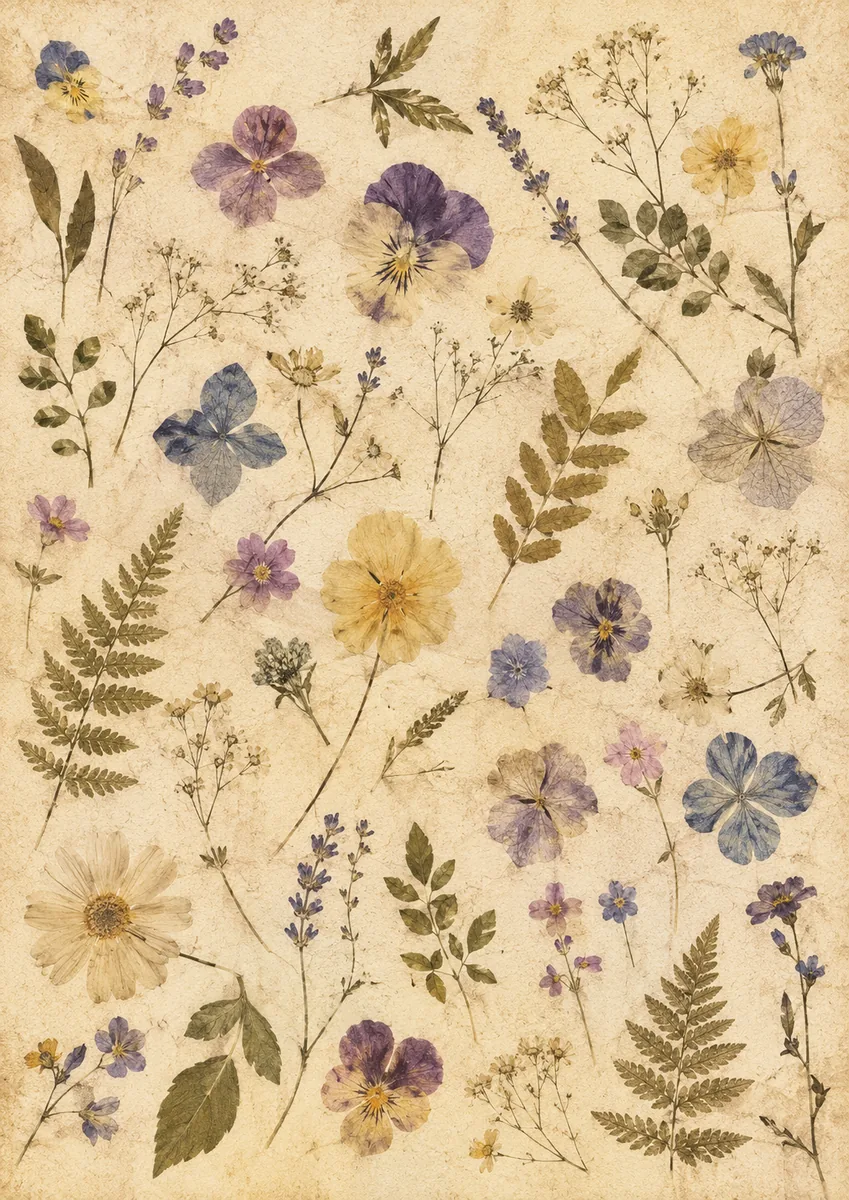 Pressed pansies, lavender, wildflowers, leaves, and ferns arranged on aged parchment